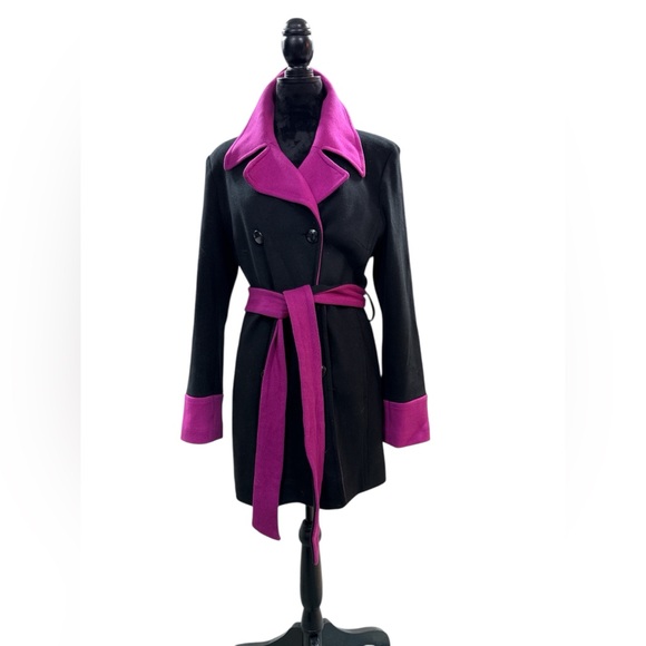 INC Black & Magenta Winter Contrast Modern Double Breasted Trench Coat Large - Picture 4 of 9